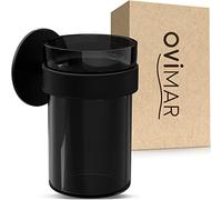 ovimar Engeloya Gobelet à brosse à dents | noir | sans perçage | en verre et acier inoxydable pour la salle de bain | avec gobelet amovible et porte-gobelet | à coller au mur
