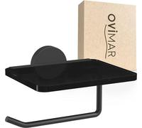 ovimar Porte-rouleau de papier toilette Remoya | Porte-rouleau avec tablette en verre, noir, à percer | Porte-rouleau de papier toilette à percer ou à coller | Porte-rouleau avec tablette | Porte-roul