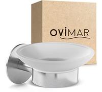 ovimar porte-savon Kronborg | avec support pour montage mural | acier inoxydable | argenté | sans percer | verre amovible pour la salle de bains ou aussi la cuisine comme porte-savon pour le rangement