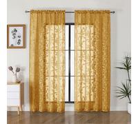 OVZME Lot de 2 rideaux transparents dorés de 182,9 cm de long pour salon, rideaux de fenêtre semi-transparents texturés à motif de feuilles jacquard, filtrant la lumière, pour chambre à coucher, 106,7