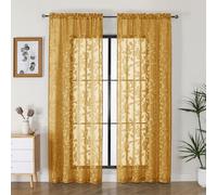 OVZME Lot de 2 rideaux transparents dorés de 213,4 cm de long pour salon, rideaux de fenêtre semi-transparents texturés à motif de feuilles jacquard, filtrant la lumière, pour chambre à coucher, 106,7