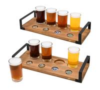 Owlgift Wood Craft Lot de 2 plateaux de rangement avec 4 verres et poignées en métal noir Marron foncé
