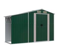 Owoxanthellate Abri de jardin en acier avec étagère à bûches Vert 277 x 93 x 179 cm | Abri de jardin robuste en métal vert combinant abri à outils et entrepôt en bois avec toit incliné intégré.