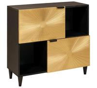 Owoxanthellate Armoire latérale en bois massif de mangue, buffet noir et doré avec 2 portes et 3 étagères, commode moderne et armoire de salon, 80 x 33,5 x 75 cm