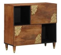 Owoxanthellate Buffet Mango en bois massif, commode avec 2 portes et étagère, buffet élégant avec sérigraphie dorée et boutons en laiton, armoire de salon marron, 80 x 33 x 75 cm