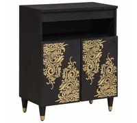 Owoxanthellate Buffet noir 60 x 33 x 75 cm - Commode en bois massif de mangue, buffet avec 2 portes et étagère, petite armoire d'appoint avec pieds en laiton pour salon et couloir
