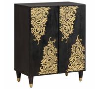 Owoxanthellate Buffet noir 60 x 33 x 75 cm en bois massif de mangue, commode moderne avec détails en laiton et sérigraphie dorée, élégante armoire d'appoint pour salon et salle à manger