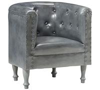 Owoxanthellate Fauteuil gris en cuir véritable - Fauteuil club rétro en cuir de chèvre et bois massif de manguier - Fauteuil rembourré pour salon, couloir et bureau - 61 x 60 x 68 cm