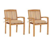 Owoxanthellate Lot de 2 chaises de jardin en teck massif avec coussin d'assise beige, chaises de terrasse empilables avec accoudoirs, chaises vintage en bois pour jardin et balcon, 60 x 57,5 x 90 cm