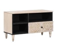 Owoxanthellate Meuble TV blanc 80 x 33,5 x 46 cm, meuble bas en bois massif de mangue, table TV avec 1 tiroir et étagère, table médicale avec pieds en métal pour salon