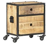 Owoxanthellate Table de chevet en bois de manguier massif 40 x 30 x 50 cm, table d'appoint industrielle avec 2 tiroirs et roulettes, console de chevet rustique pour chambre à coucher, armoire