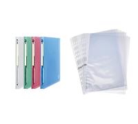 OXFORD 2nd Life Lot de 4 Classeurs Souples A4 Dos de 20mm 4 anneaux Couleurs Assorties Translucides & Lot de 50 Pochettes Perforées A4 Polypro Lisse Epaisseur 5/100ème Incolore 25261