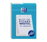 Oxford Fiches bristol A5 14,8 x 21 cm petits carreaux 5x5 blanc perforées Bloc de 60