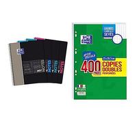 Oxford Cahier Etudiants MyNotes A4+ Grands Carreaux Seyès 160 Pages Reliure Intégrale Couverture Carte, Gris/Bleu/Aqua/Rose & Lot 400 Pages Copies Doubles Grands Carreaux Seyès Format A4 Perforées