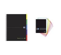 Oxford, Carnet A4 quadrillé 5 x 5, couvercle extra long, 100 feuilles microperforées, 5 onglets séparables, noir & Cahier A5 quadrillé 5 x 5, couvercle en plastique, 160 feuilles, 8 boîtes de couleur