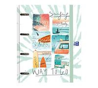 Oxford, Classeur 4 anneaux A4+, couverture extra rigide, fermeture avec caoutchouc, recharge quadrillage 5 x 5 avec 5 bandes de couleur. Motif : surf