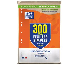 Oxford Feuille simple A4 perforé - Petits carreaux 5x5 avec marge - Etui de 300 feuilles