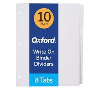 Oxford Intercalaires vierges à écrire sur classeur, onglets de coupe 1/8, perforation à 3 trous, 80 intercalaires, 10 ensembles, blanc (89982)