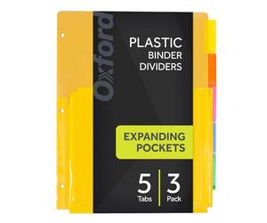 Oxford Lot de 3 intercalaires extensibles en plastique pour classeur à 3 anneaux, poches avant extensibles flexibles, 8 onglets, onglets multicolores insérables, format lettre, 89605