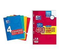 Oxford Lot de 4 Cahiers Color Life 24x32cm Grands Carreaux Seyès 96 Pages Agrafées 90g Couleurs Assorties & Lot de 400 Pages Feuilles Simples Grands Carreaux Seyès Format A4 (21x29,7cm) Perforées