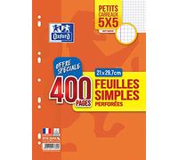 OXFORD Lot de 400 Pages Feuilles Simples Petits Carreaux 5x5 Format A4 (21x29,7cm) Perforées