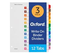Oxford OneStep 89403 Classeur Intercalaire, Lot de 12 intercalaires numériques personnalisables, onglets multicolores réversibles, numérotés de 1 à 12, 3 ensembles