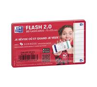 OXFORD Paquet de 32 Fiches Bristol flashcards 2.0 Non Perforées 75x125 mm A7 ligné rouge