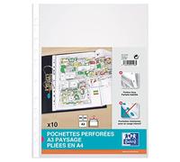 OXFORD Sachet de 10 Pochettes Perforées A3 Paysage Plié en A4 PVC Lisse Epaisseur 9/100ème Incolore