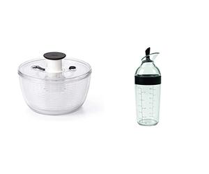 OXO Mini essoreuse à salade Good Grips 4.0, transparente, petit - Bol 2,7 L, panier 1,9 L & Good Grips - Shaker à vinaigrette - Shaker pour sauce salade - Bouteille transparente noire