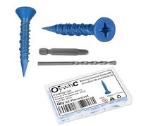 OywhC Lot de 50 vis à béton de maçonnerie 4,8 mm x 32 mm avec tournevis et foret, revêtement bleu spécial, tête fraisée plate, pointe diamant conique, filetage haut-bas, pour maçonnerie/béton/brique