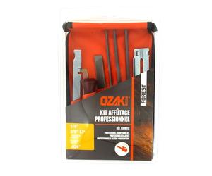 OZAKI - Kit D'Affûtage Complet - Comprend 1 Manche De Lime En Bois, 1 Jauge De Profondeur, 1 Porte Lime, 1 Curette, 3 Limes Rondes Ø: 4, 4.8, 5.5 mm, Lime Plate - Coque Et Sacoche De Transport