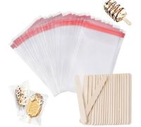 Ozera Lot de 200 sachets et bâtonnets pour glaces à l'eau, sachets et bâtonnets en bois transparents autocollants pour cake pops,