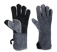 OZERO Gants Cheminée et Barbecue Anti Chaleur | Cuir de Vachette, Manchette Longue pour Poêle à Bois, Four, Soudure et Insert, Noir Gris
