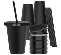 OZMOJOO Lot de 15 gobelets en plastique avec couvercles et pailles, robustes et de qualité alimentaire avec couvercle, gobelets en plastique réutilisables pour boissons froides, milkshakes, smoothies