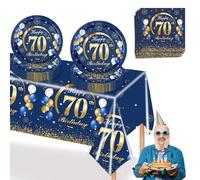 OZNXWRYY décoration fête 70 Ans Homme Femme Set Complet 37 pièces Vaisselle jetable Bleu Or Assiettes Papier 18 cm, Serviettes, Nappe Anniversaire 137x274 cm déco Table élégante Anniversaire 70