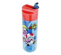 P:os 33165 Gourde pour enfants, environ 540 ml, design transparent avec motif Super Mario et paille intégrée à rabat, en plastique, sans BPA et phtalates