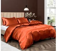 P Pothuiny Parure de lit 5 pièces en satin avec housse de couette et 4 taies d'oreiller pour lit double/queen size, orange brûlé avec fermeture éclair (sans couette)