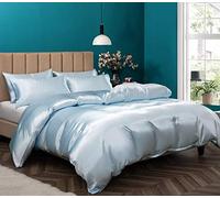 P Pothuiny Parure de lit 5 pièces en Satin avec Housse de Couette et 4 taies d'oreiller pour lit Double/Grand lit, Bleu Layette avec Fermeture éclair, 1 Housse de Couette + 4 taies d'oreiller (sans