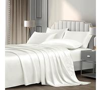 P Pothuiny Parure de lit 6 pièces en Satin Soyeux Blanc Ivoire King Size 1 Drap-Housse à Poches Profondes + 1 Drap Plat + 4 taies d'oreiller