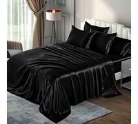 P Pothuiny Parure de lit en Satin de Luxe 6 pièces Noir Soyeux avec 1 Drap-Housse à Bonnets Profonds + 1 Drap Plat + 4 taies d'oreiller