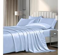 P Pothuiny Parure de lit Queen en Satin 6 pièces : 1 Drap-Housse à Poches Profondes + 1 Drap Plat + 4 taies d'oreiller Bleu Clair