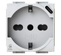P40 USB3.0 Prise Schuko type P40 avec bloc d'alimentation USB 3 A intégré avec connecteur de type C compatible Bticino LivingLight Blanc