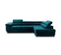 Pablo - canapé d'angle droit - 5 places - convertible avec coffre et têtières réglables - en velours - Bleu canard