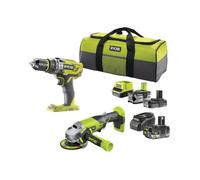Pack 18V RYOBI Perceuse-visseuse à percussion - Meuleuse d'angle - 1 batterie 18V 2.0 Ah - 2 batteries 18V 4.0 Ah - 2 chargeurs
