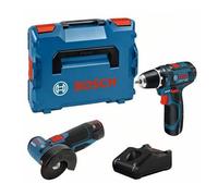 Bosch Pack 2 outils: Perceuse-visseuse GSR 12V-15, Meuleuse GWS 12V-76, 2x2Ah, chargeur L-BOXX