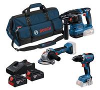 Pack 3 Outils 18V BOSCH, 2x4Ah Batteries, Sans Fil, Perceuse-Visseuse GSR, Meuleuse GWS 125 mm, Perforateur GBH
