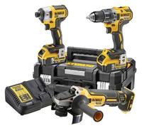 Pack 3 outils 18V DEWALT DCK384P2T-QW : perceuse-visseuse à percussion DCD796, meuleuse Ø125mm DCG405 et visseuse à choc DCF887 avec 2 coffrets et 2 batteries