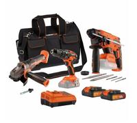 Dual Power Pack 3 outils 20 V avec Perceuse-Visseuse, Meuleuse d'Angle et Marteau-Perforateur, 2 batteries 3.0 Ah et Chargeur, Sac de Transport Inclus