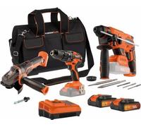 Pack 3 Outils DUAL POWER 20V, Perceuse Visseuse, Meuleuse d'Angle, Marteau Perforateur, 2 Batteries, Chargeur, Sac