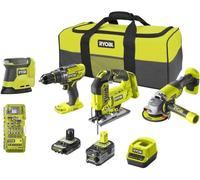 Pack 4 outils 18V ONE+ RYOBI R18CK4F-252S, perceuse a percussion, meuleuse, scie sauteuse, ponceuse, sac